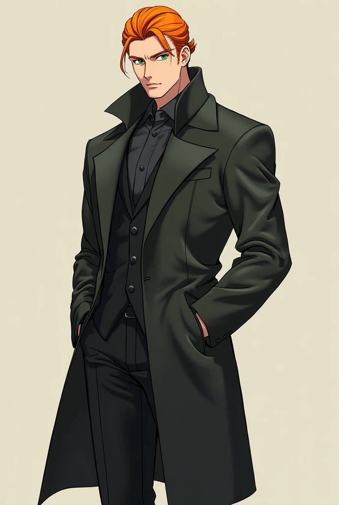 ((highest quality, Masterpiece, 1 man,  elegant, man, adult man, older boy,  wide shoulders , high height((the large)), looking at the spectator (( green eyes )), ((orange hair,  Tied Hair),  of foot, piercings, major face, adult, animated version, black C...