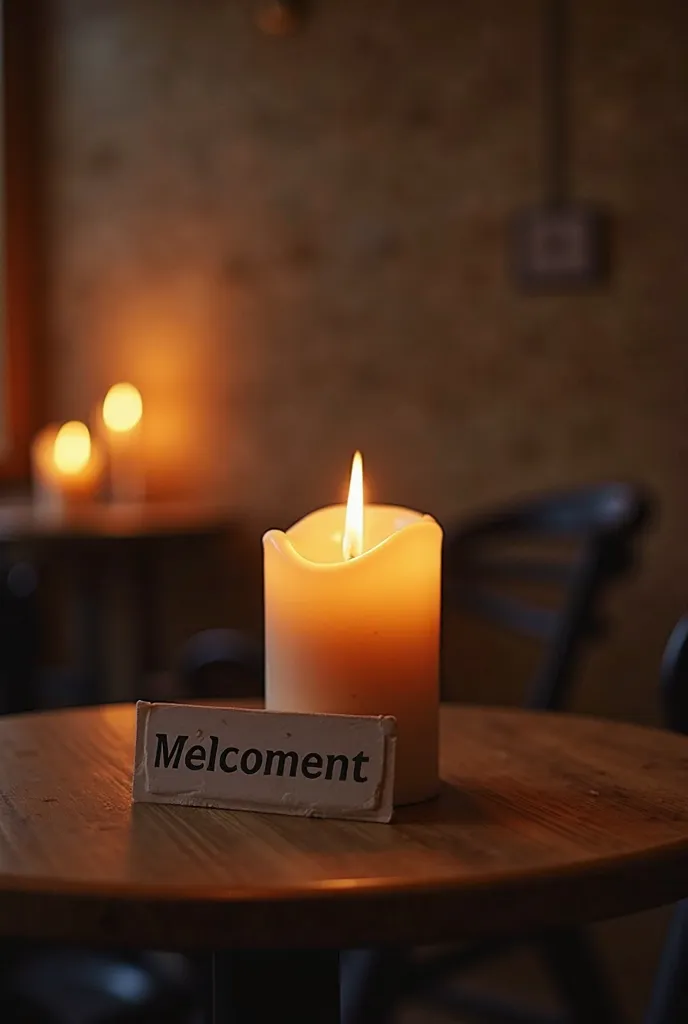 a close up of a candle on a table with a sign, a picture by Ismail Gulgee, pixabay, rasquache, dim dingy gym, warm and joyful atmosphere, gymasium, lamp ( ( ( gym ) ) ) ), gym, calm weather, local gym, very calm and wholesome, welcoming, kyza saleem, 6 : 3...