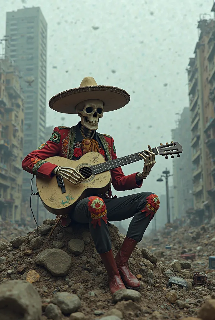 A mariachi skeleton playing the guitar in a post-apocalyptic city with destroyed buildings and thick fog. sitting.