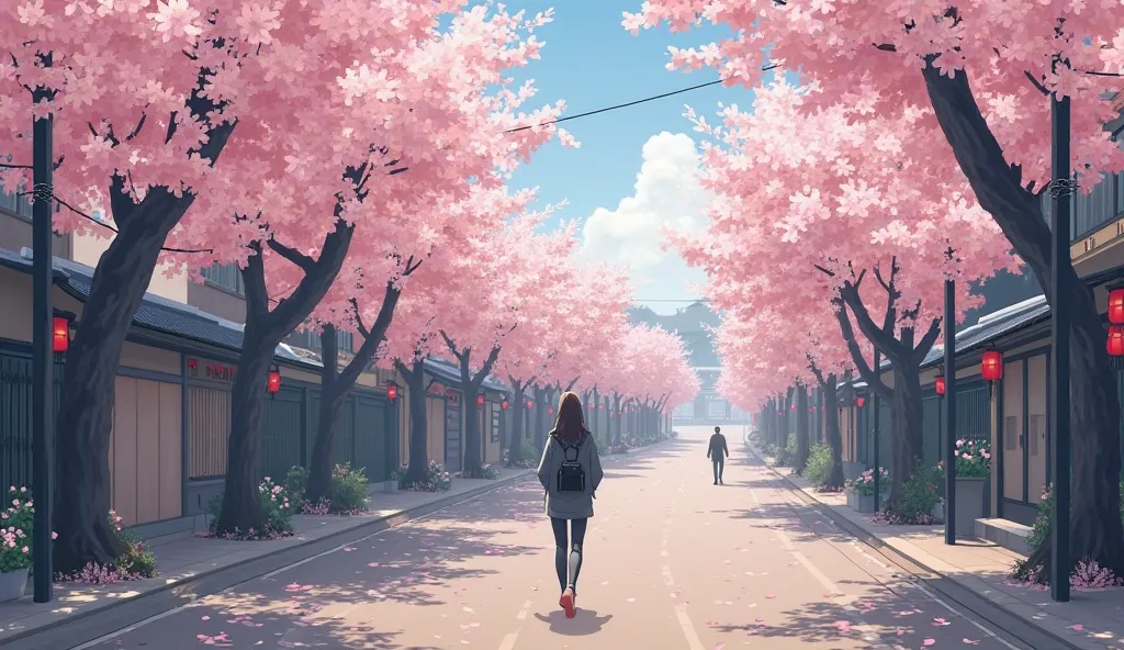 A person walking mindfully along a quiet Japanese street lined with cherry blossoms, enjoying the beauty of the moment.