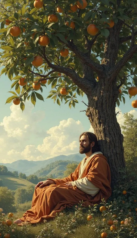 make a realistic image of christ under a fruit tree