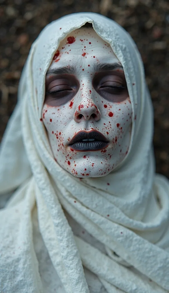 Portrait Camera A body wrapped in white cloth, pale white face smeared with red liquid in spots all over the face, lips, black with white cotton stuffed on both nostrils, lying in the grave, adding texture to a scary, ghost-skin style look.