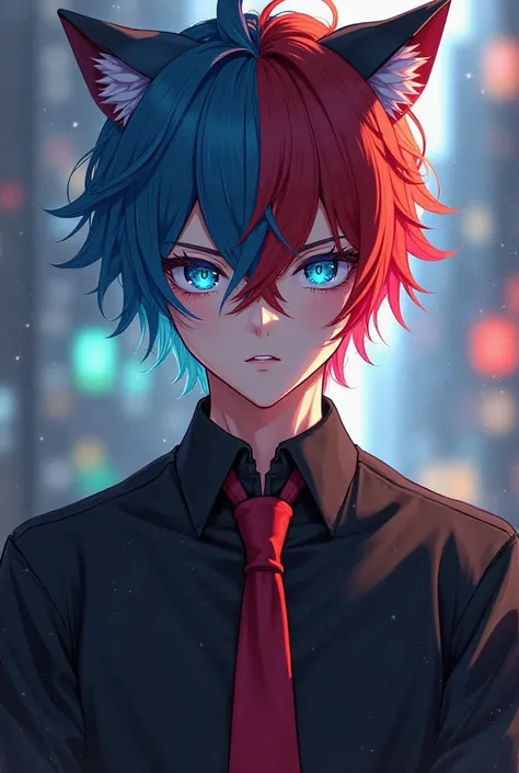 Half of the hair is blue, the other half is red, blue eyes and black wolf ears and a black t-shirt with a very nice red tie in an all-male anime 