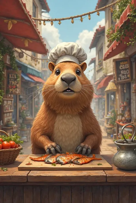 Capybara selling fishes he cooked to sellfor money in hes shop with a chef hat
Waiting to start