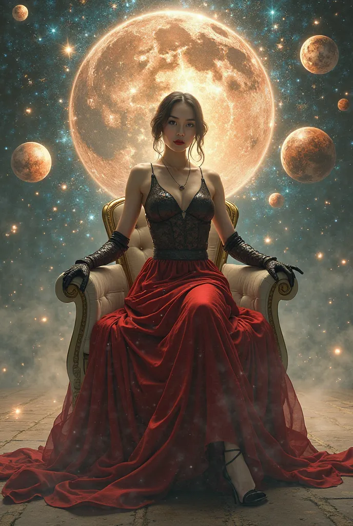 Ada Wong is wearing a red skirt, black gloves, and high-heeled sandals. She is sitting on a chair in a place beyond time and space, ruling over other worlds, lifting universes which are in sphere