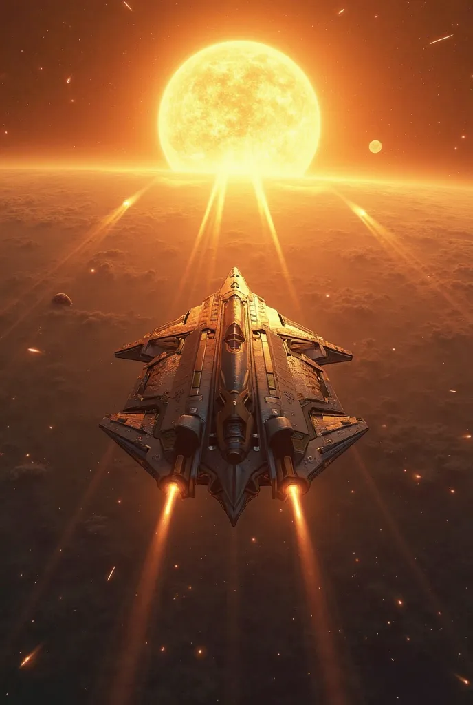 A spaceship in space away from the camera in front of the Sun