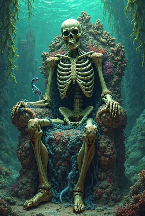 A skeletal king fused to a coral throne, eels slithering through his ribcage. Glowing green seaweed illuminates a sunken city in the background. Haunting, hyper-detailed decay, underwater ambiance."*