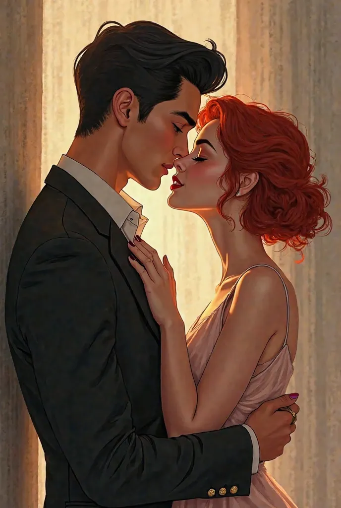 I need an image of a man dressed in a beautiful suit, black hair has a beautiful young woman with red hair against the wall, both of them are excited about to kiss each other..
