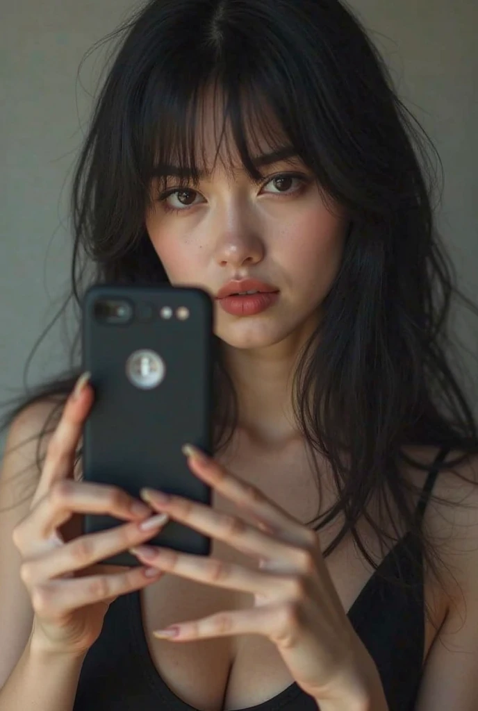 Woman with straight and long black hair taking a selfie