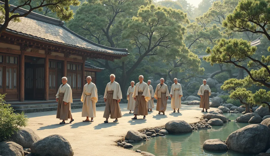 A group of elderly Japanese people walking together in a Zen temple garden, practicing slow and intentional movement as a form of meditation.