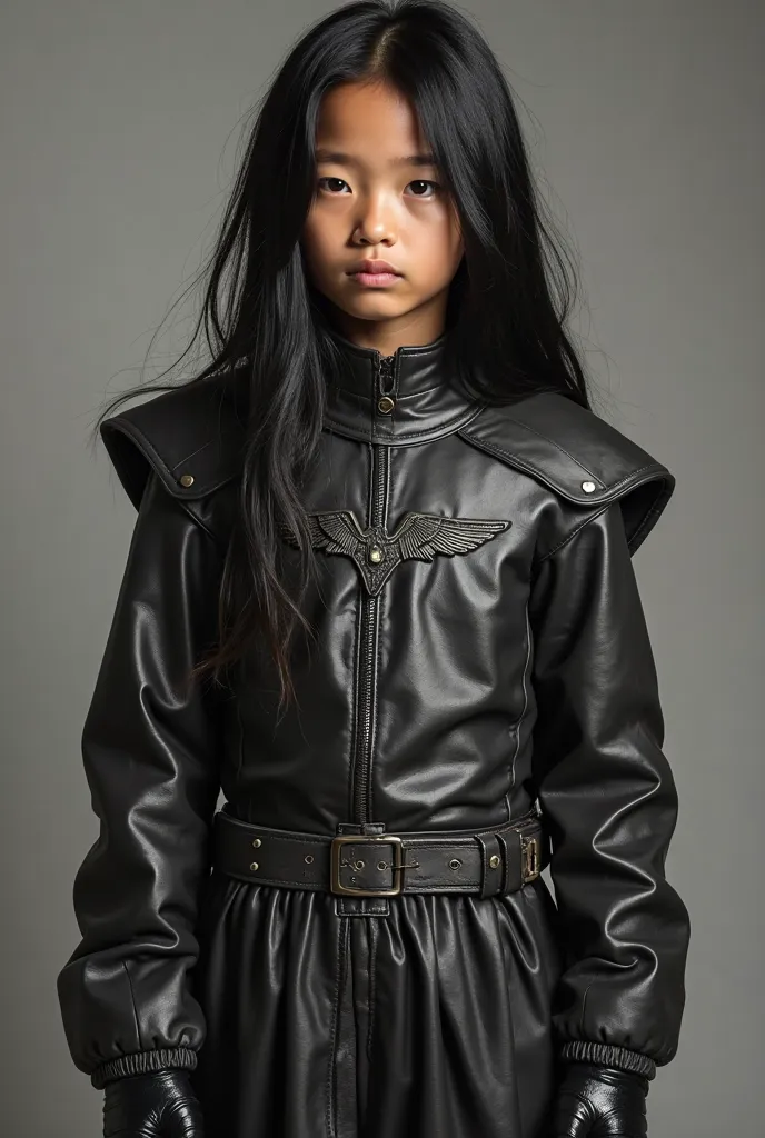 Live Action Tall Young Asian Tween Boy With Long Flowing Black Hair, Wearing a VERY Long Sleeved Baggy Leather Superhero Suit with Baggy Long Sleeves, Chest Bird logo, Tunic skirt, and Black Leather gloves