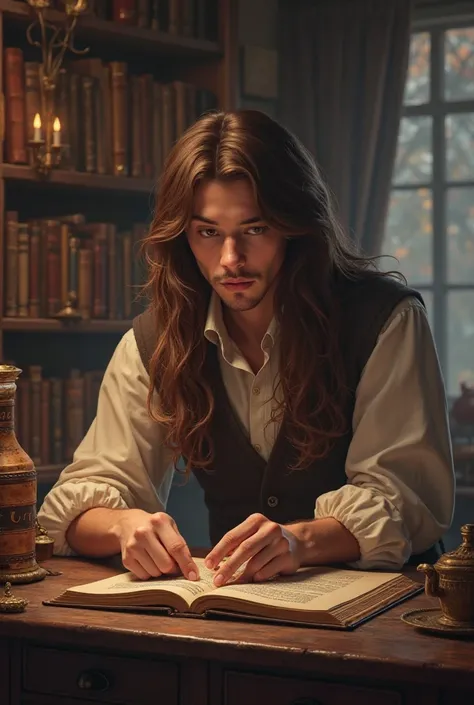 Young man ,  long brown hair , What does the antiquarian do 