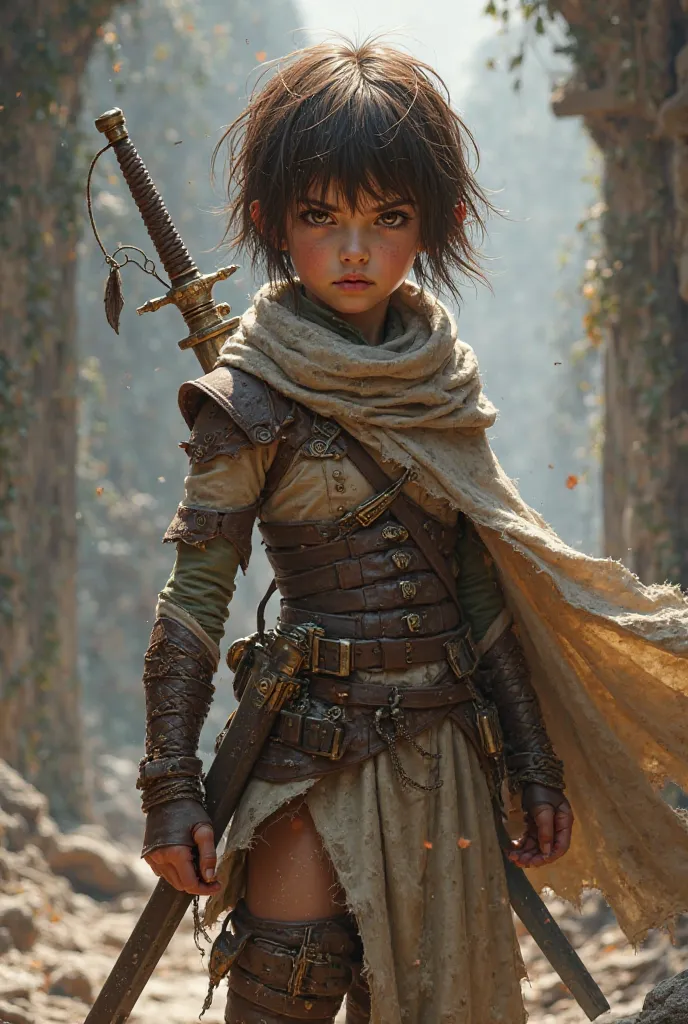 A short 157 cm tall warrior girl with short brown hair with bangs and brown eyes 