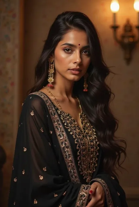 "A 25-year-old Indian woman named Muskan with fair skin, long, beautifully styled hair, and a cute yet confident look. She is wearing a traditional yet stylish black Punjabi suit with intricate golden embroidery, paired with a matching dupatta. The outfit ...