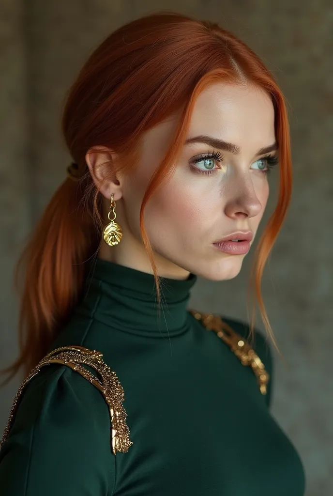 A white woman with straight red hair tied in a slightly loose bun , emerald green eyes, dark green turtleneck dress with gold details on the shoulders and gold circle-shaped earrings, with a serious and indifferent expression looking to the right. Photo on...