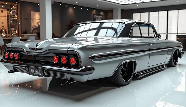 create an ultra-detailed 3D render close back view, of a modern 1961 Chevrolet impala with a bold designy  looking long like limousine captured from close back view. The car should feature a 'Gleamy oily metallic grey ' color and black accents with a 'Chev...