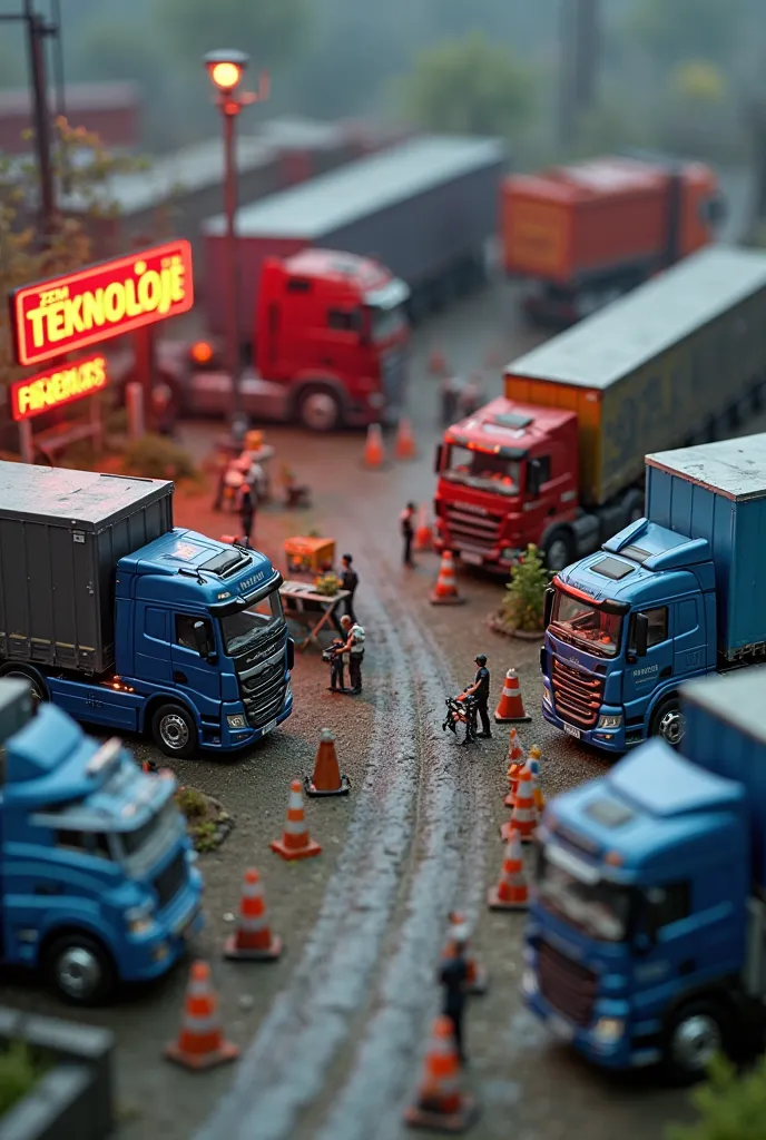 A surreal macro photograph of a vast miniature truck yard, filled with tiny Scania, Mercedes, MAN, and DAF trucks, all parked and waiting for maintenance. In one corner, a miniature repair workshop is set up, with tiny mechanics working on the trucks, usin...