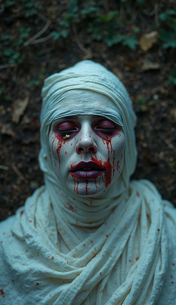 Portrait Camera A body wrapped in white cloth, heavily bruised face with no eyes, red liquid dotted all over the face, lips, black with a white swab stuffed on both nostrils, lying in the grave, adding texture to a scary, ghost-skin look in the night with ...