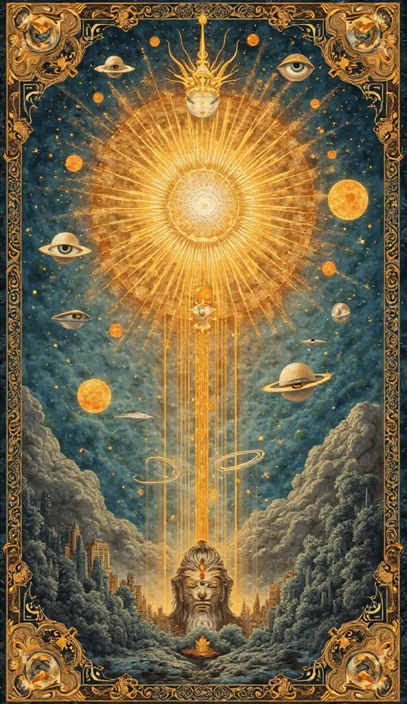 A Chromolithography narrative frieze depicting a central figure radiating golden energy waves that morph cities and forests from their fingertips. Ornate borders feature floating eyes and planetary orbits. Colors in ochre and Prussian blue under soft diffu...