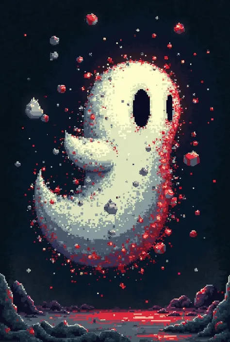 A digital glitch from a retro video game, represented by a pixelated monster with a distorted and chaotic appearance. The monster has an irregular shape, similar to a block of broken pixels, with random colors such as white, gray,  Red and Black. Its gener...