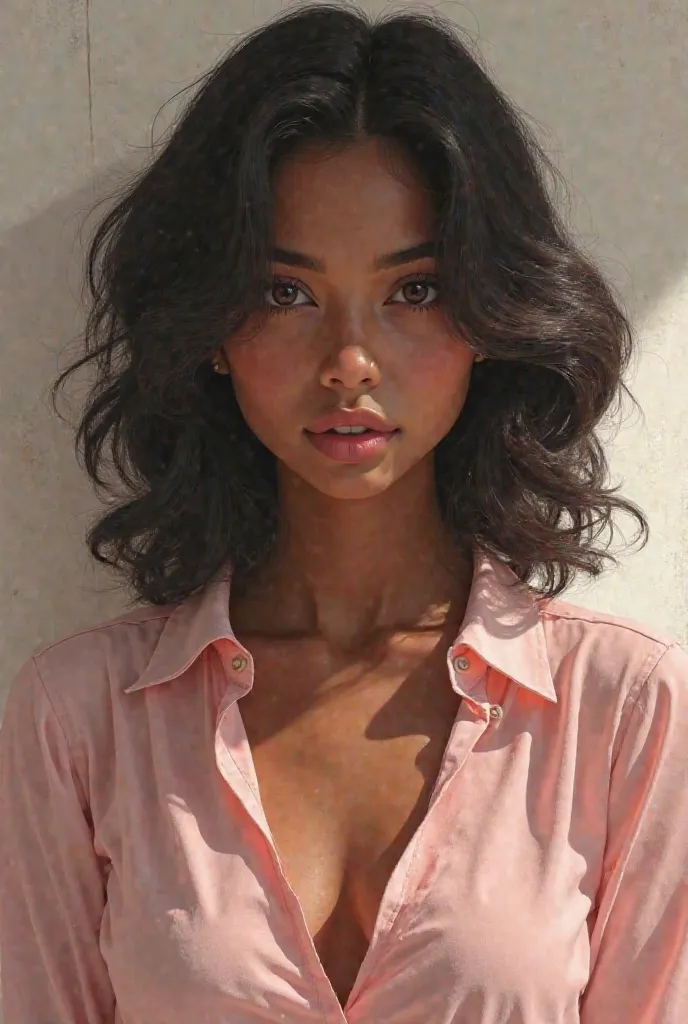 A woman with black hair ,  round face, thin,  With amber eyes , wearing a pink blouse