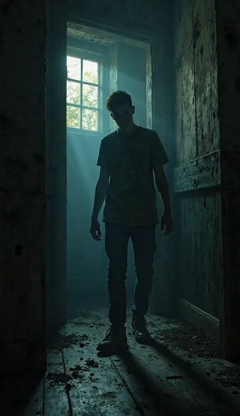 A young man inside a dark house