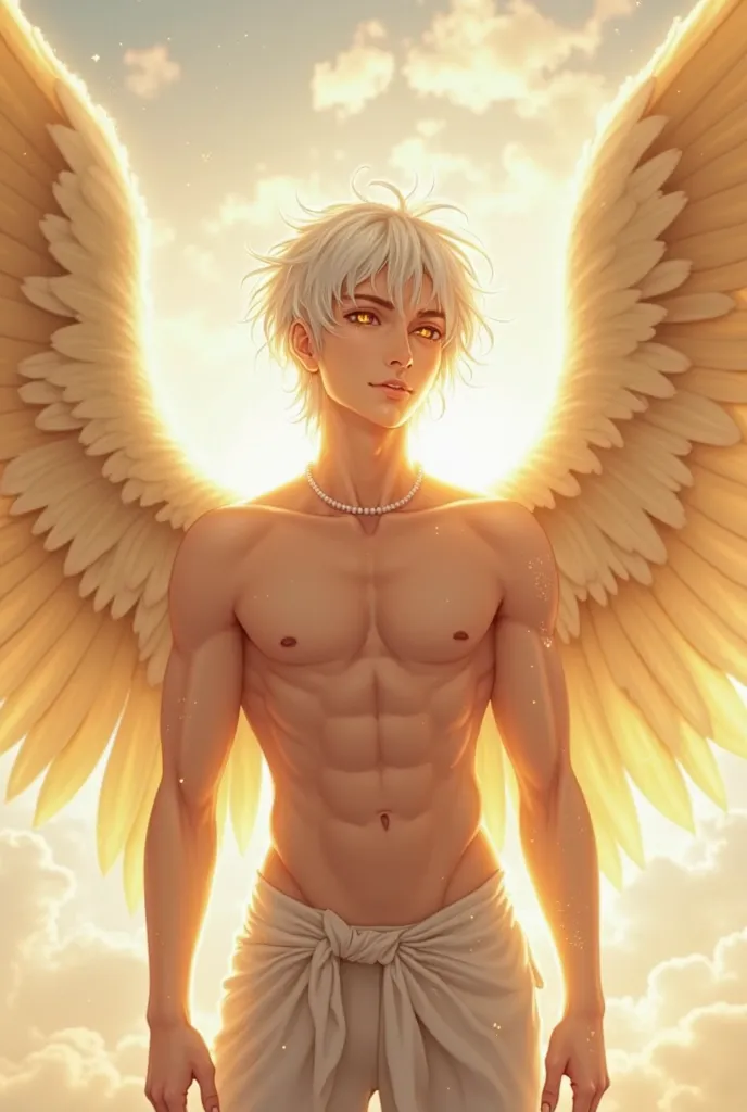 An angel man,  he has golden eyes , two pairs of wings and a golden areola, He has short, completely white hair, Does he have a big ass in anime 