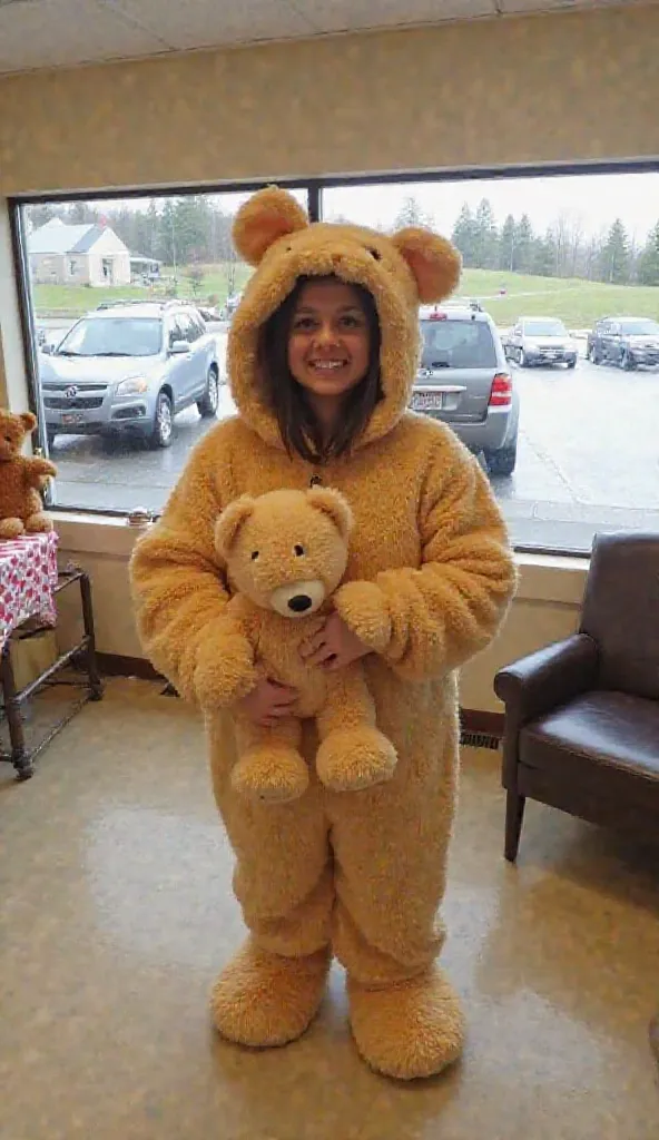 a baby girl standing in a room, wearing a large teddy bear costume. She is holding a teddy bear in her arms, possibly posing for a photo or participating in a themed event. The room has a teddy bear-themed decoration, with a teddy bear placed on a table an...