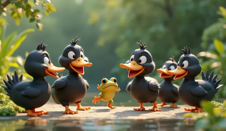 The ducks quack cheerfully as they watch the frog leap away. all black colour ducks,,3D cartoon type only
