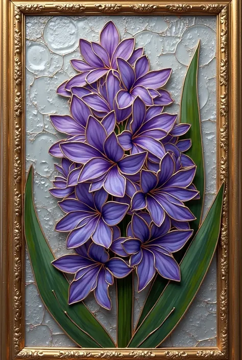 

*"An avant-garde framed artwork with gold details, featuring a hyacinth flower in shades of purple. The flower should be elegantly designed with intricate details, with the contours outlined in gold. The artwork should have a stained glass effect, with c...