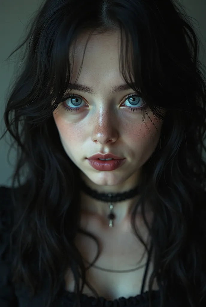 Ok, make a 16 old girl , a realistic one , with blue eyeyes and black hair, goth, from a selfie angle 