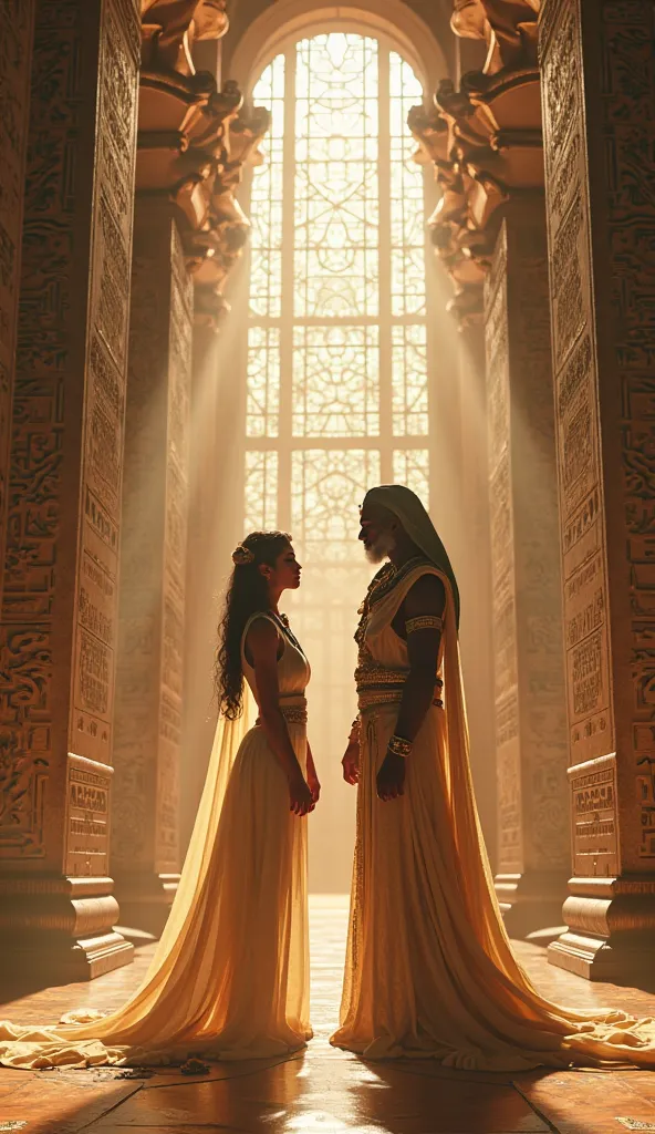 Elder God Ra talking to the Goddess Isis in the palace in ancient Egypt,  ultra real and professional images