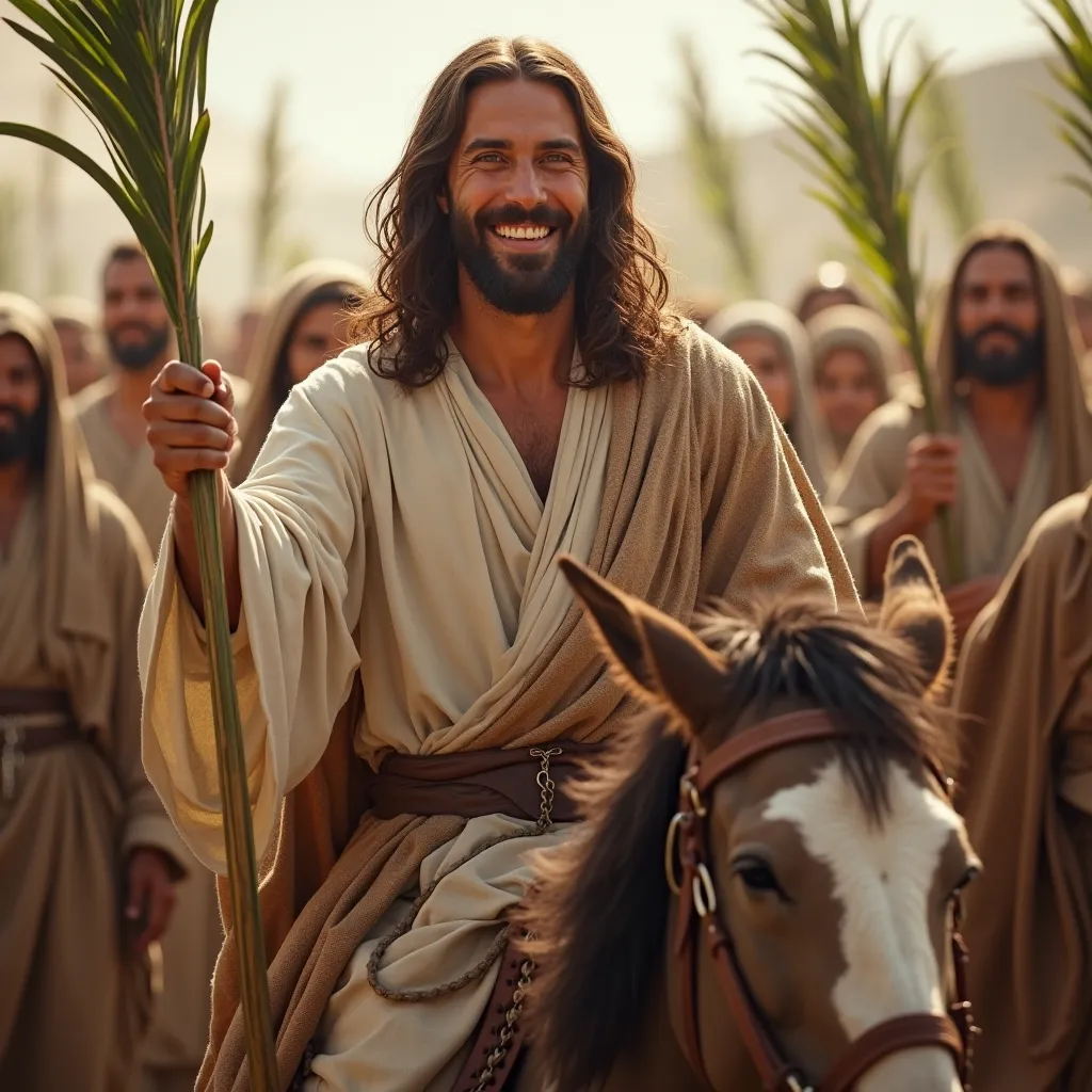 Full body of Jesus smiling, best quality, highly detailed, ( photorealistic :1.2),  male background,  30 years old, (detailed face:1.3),  serene expression,   long brown hair , With white tunic, Brown cloak and white veil. riding the donkey gesturing the p...