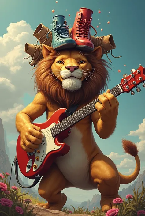 Can you create a picture of lion with guitar and shoes oh his head 