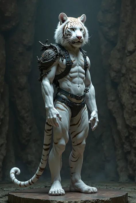 What a hybrid between a human and a white tiger would look like. having more human features and their ears being that of a tiger, some black grenades and the tail of a tiger