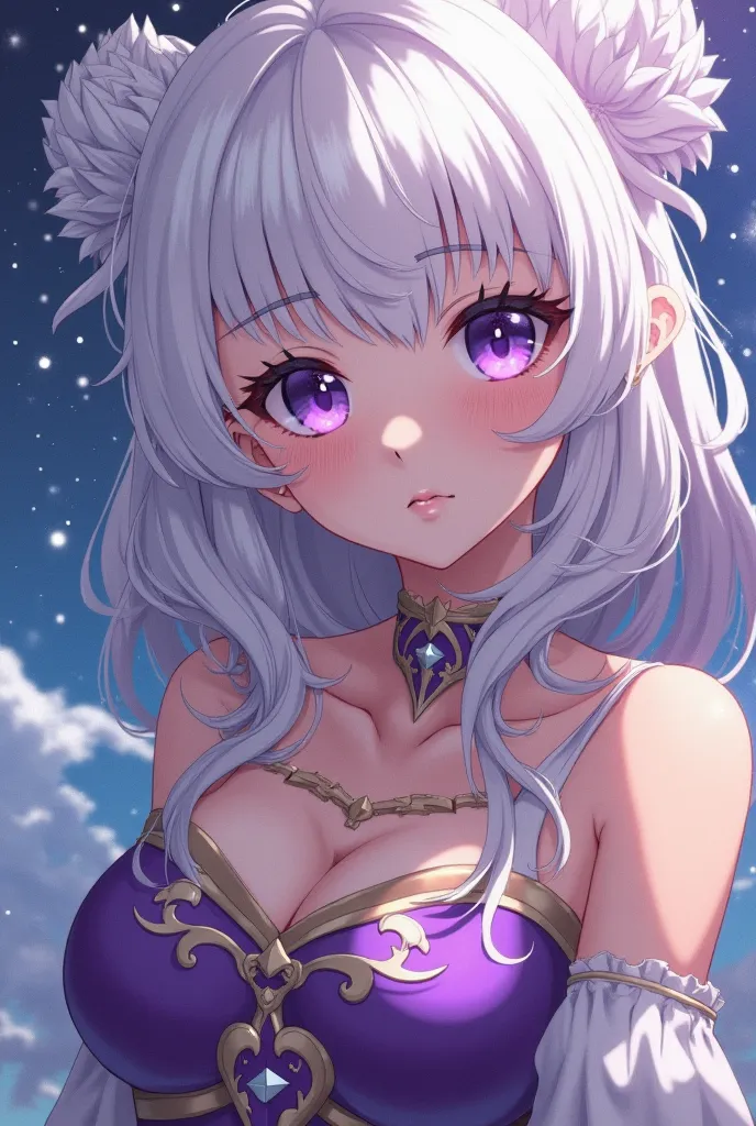 Create for an image of a girl who would be the daughter of Meliodas and Elizabeth (protagonists of the anime “The Seven Deadly Sins”), create the image of a girl with purple eyes and white hair, that would be the perfect mix of your goddess and demon side,...