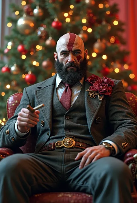 Create an image of Kratos from the game "God of war" dressed as an Italian mobster with a Christmas tree in the background, That he has no weapons and is sitting with a cigar 