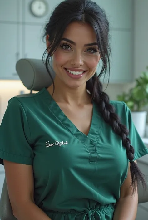 **“A captivating and hyper-realistic portrait of a confident and charming sedation dentist from Macedonia. She is elegantly seated on a modern dental chair, her striking facial features and tall, curvy physique accentuated by form-fitting, low-cut green sc...