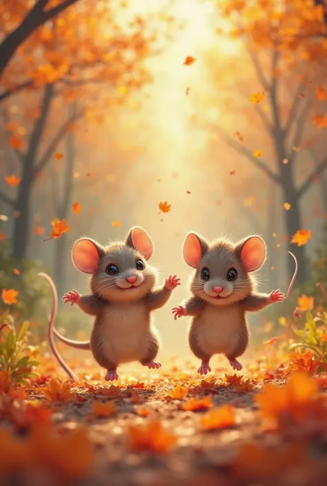 Unplay scene 2: The two mice jump over the falling leaves, laughing and having fun.