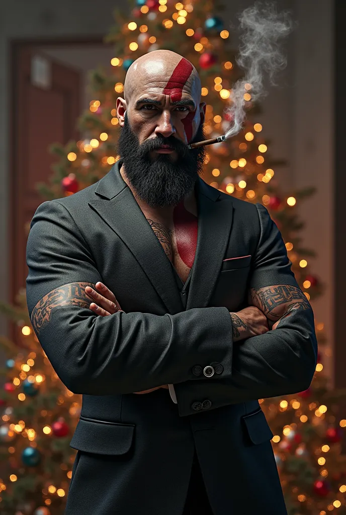 Create an image of Kratos from the game "God of war" dressed as an Italian mobster with a Christmas tree in the background, That he has no weapons and is sitting with a cigar and it's the same as the one in the game "God of war" 