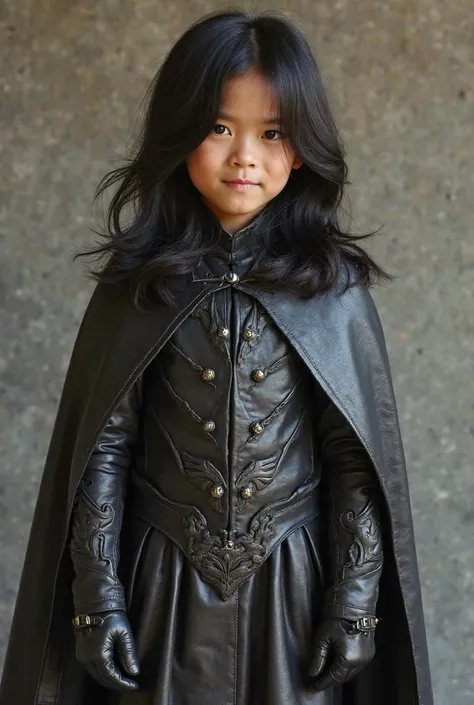 Live Action Tall Young Asian Tween Boy With Long Flowing Black Hair, Wearing a VERY Long Sleeved Baggy Leather Superhero Suit with Baggy Long Sleeves, Leather cape, Chest Bird logo, Tunic skirt, and Black Leather gloves