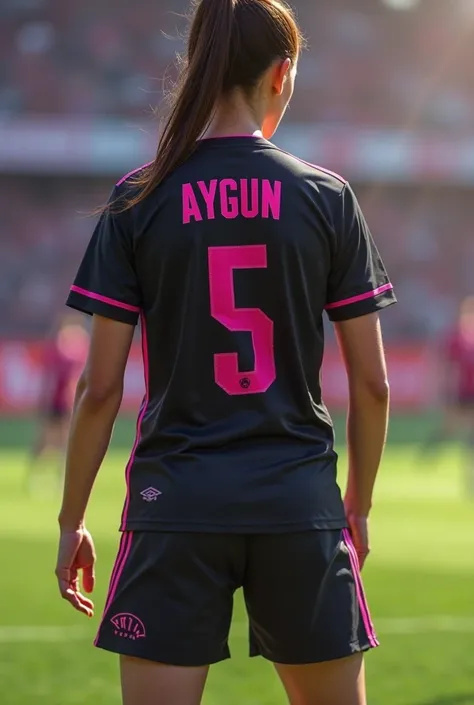 Create an image from the back without legs : girl soccer player in black football uniform number 5 , Aygun is written on the back  , number and color in pink . High ponytail straight brown hair 