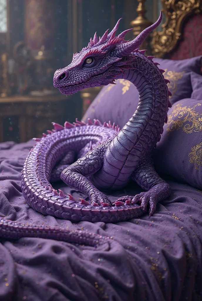 A purple dragon lying on a bed waking up to have Toniu in his chest