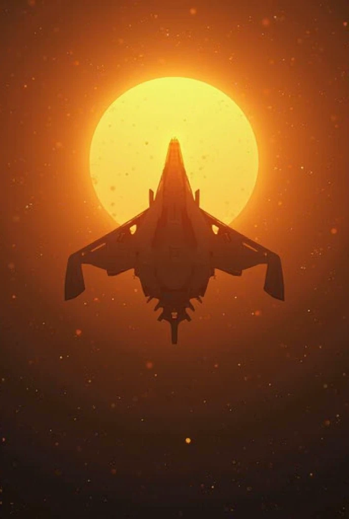 A shadow of a spaceship in space in front of an orange-yellow sun and around the sun you can see some stars, although a more opaque color