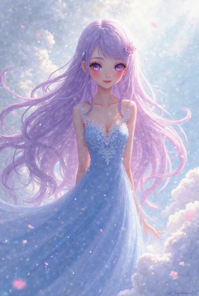 Beautiful girl with long lilac hair wearing long pastel blue flower dress anime version 