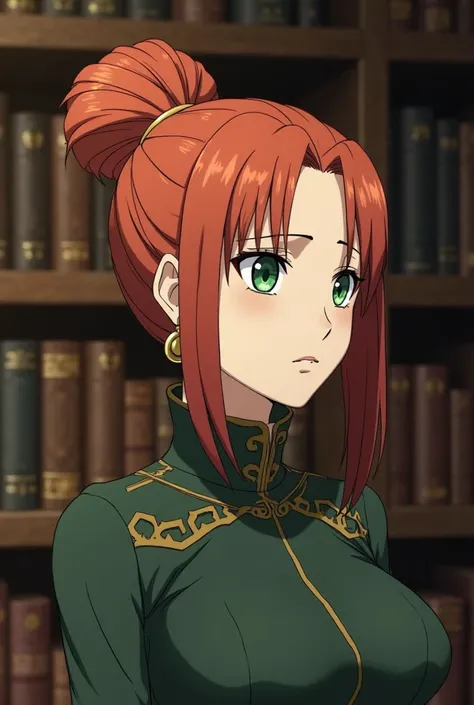 A white woman with straight red hair somewhat orange with a sleek raised bun, tired emerald green eyes, dark green turtleneck dress with gold curvy line details on the shoulders and on the neck and gold circle-shaped earrings, with a serious and indifferen...