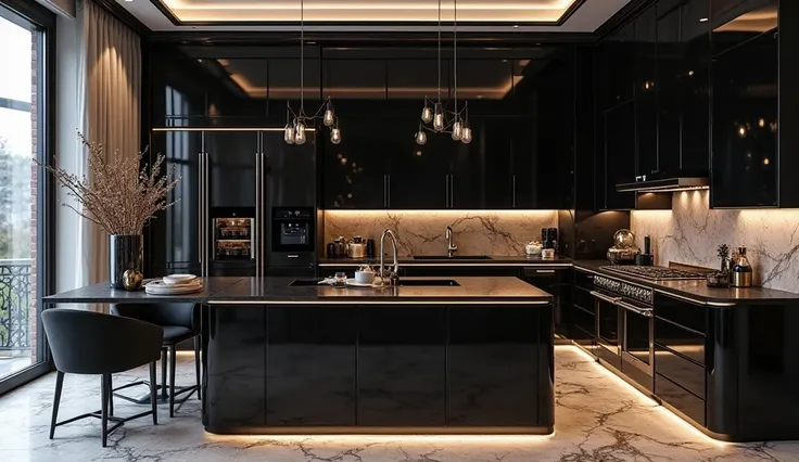 Kitchen of luxury mansion with black furniture and black paint 