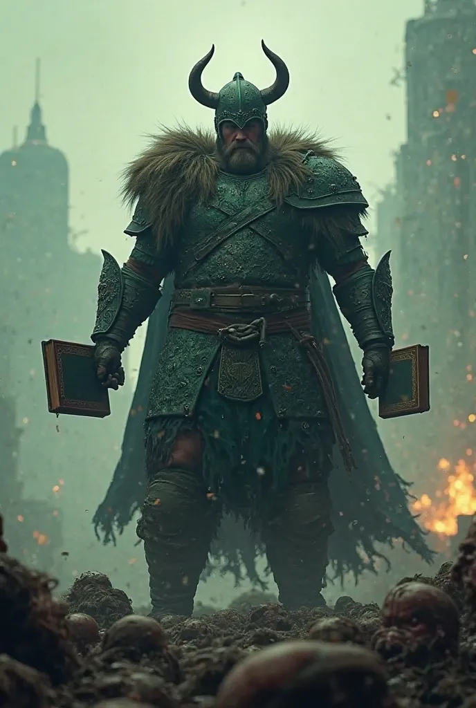 Dark green Viking with typical Viking helmet with small horns stepping on people and holding bibles