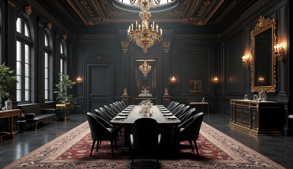 Dining hall of luxury mansion with black furniture and black paint 