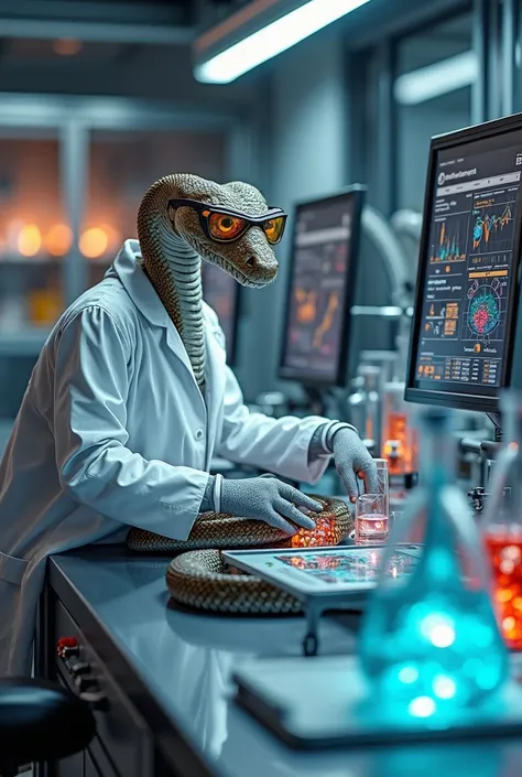 Create an image of an anthropomorphic rattlesnake working in a high-tech laboratory, dressed in a lab coat and safety goggles. The snake is carefully handling test tubes and beakers filled with glowing liquids, synthesizing medicine using its own venom. Th...